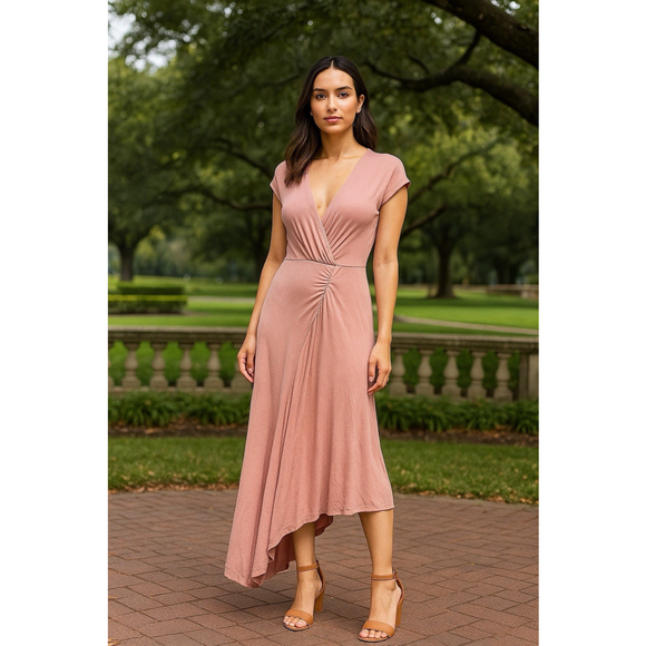 FREE PEOPLE BEACH Maxi Dress MED Pink Assymetrical Hem Ruched Boho Feminine Soft - Picture 1 of 11